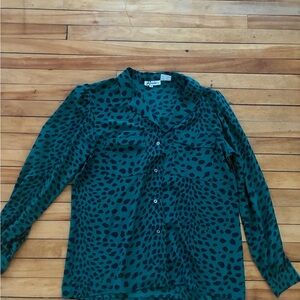 Vintage Green Button-Up Blouse with Black Leopard Spots
